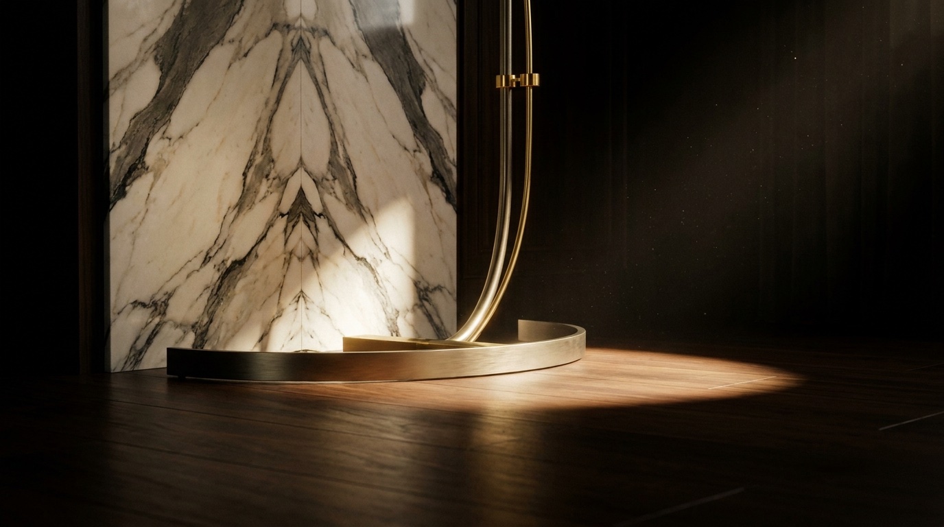 Ein goldener Lichtstrahl streift eine gespiegelte Marmorwand und eine skulpturale Messingleuchte in einer Ultra-Luxusresidenz, jene Art Bild, die in einer cinematischen Immobilienwerbung das Scrollen stoppt