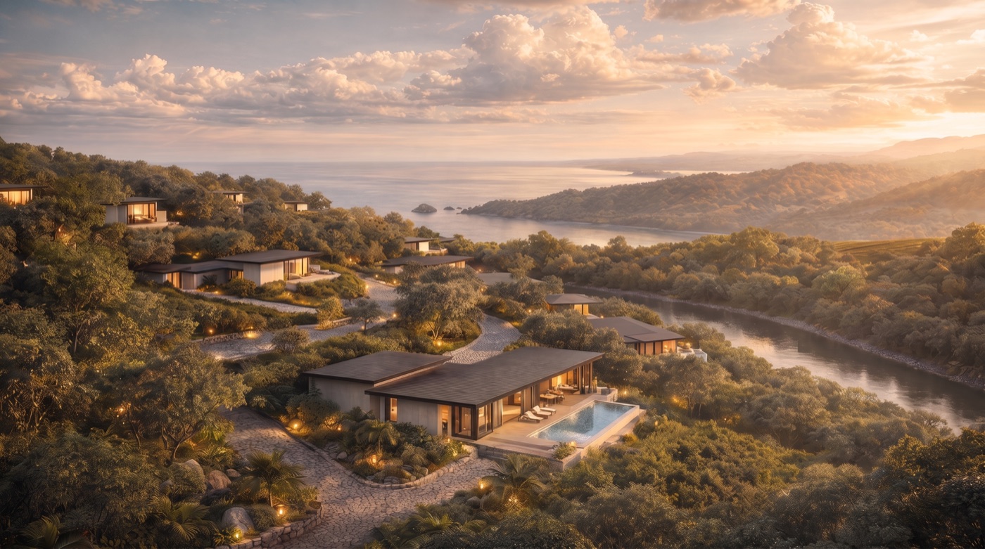 Frame from a cinematic off-plan property film: hillside villas above the Pacific at sunset, made from the developer's renders before construction