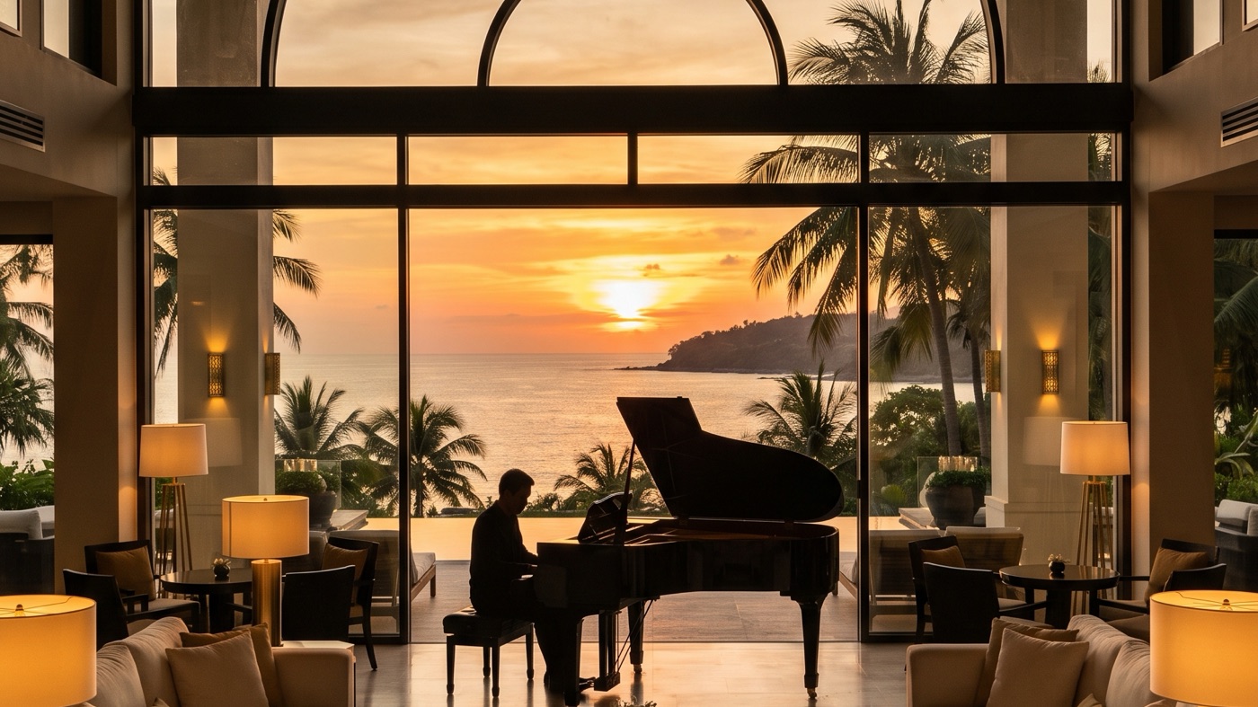 Cinematic interior frame from a luxury real estate video, a grand piano against a sunset ocean window