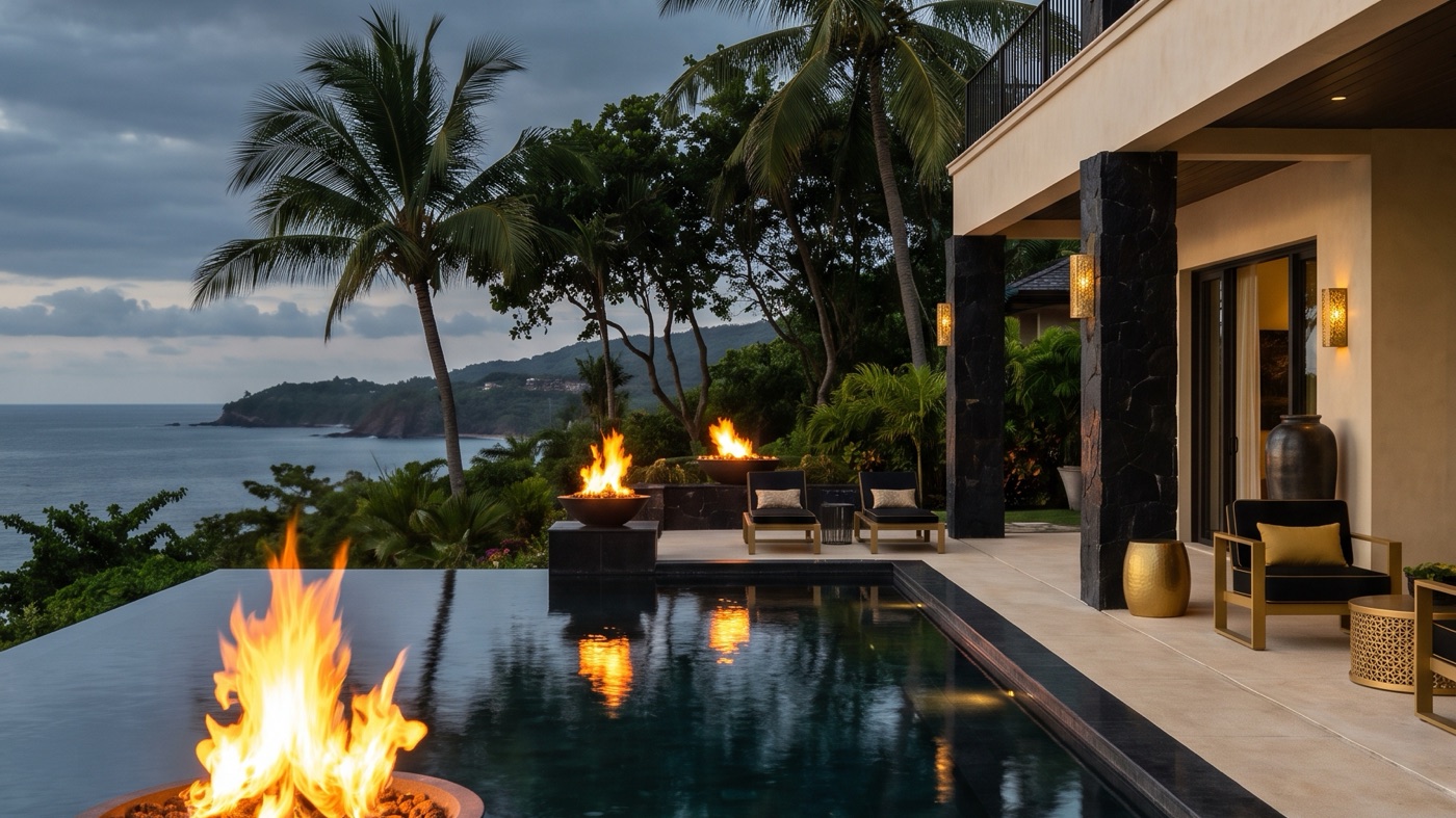 Evening frame from a cinematic real estate video, fire bowls beside an infinity pool overlooking the ocean